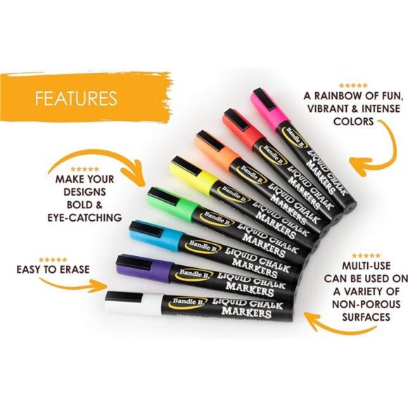 Chalk Markers - 8 Vibrant, Erasable, Non-Toxic, Water-Based, Reversible Tips - Picture 5 of 6